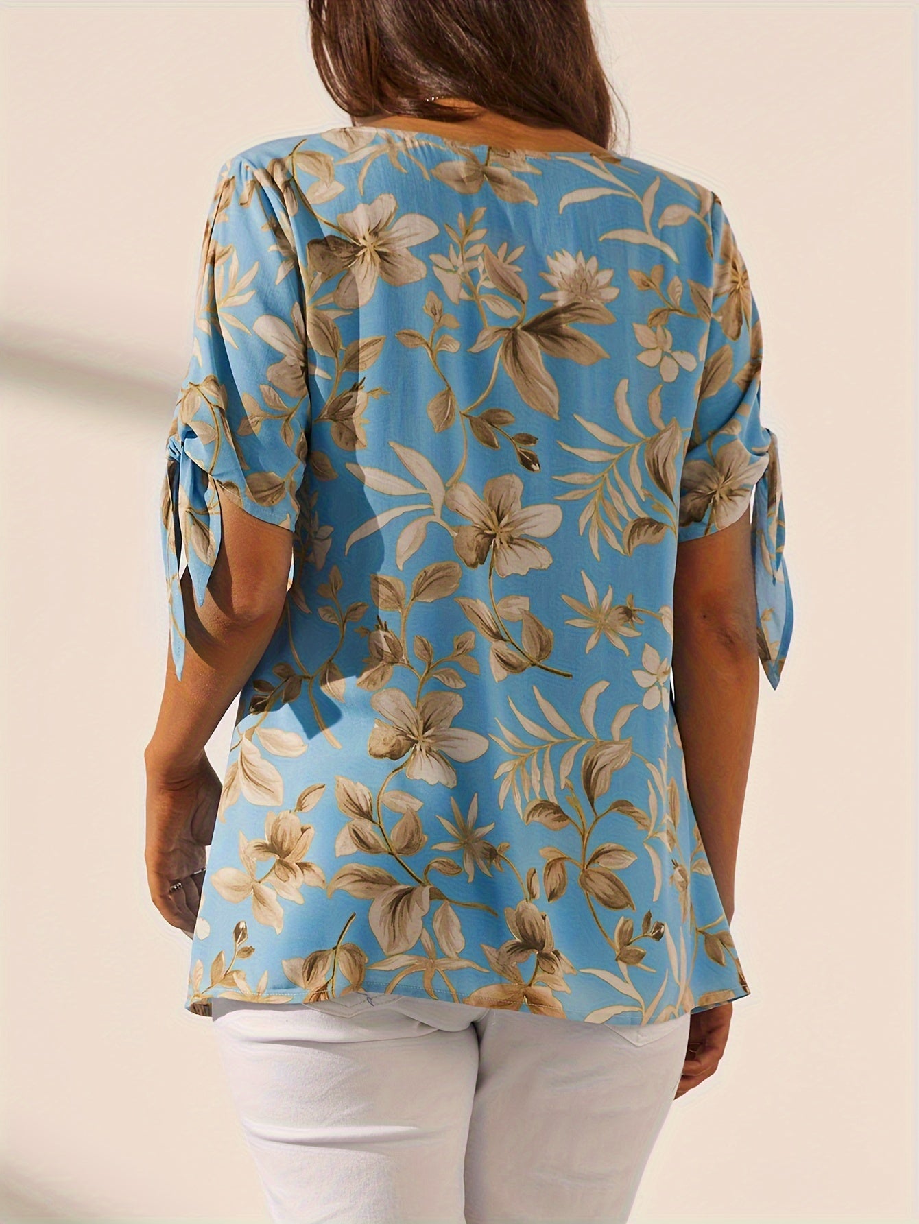 Elegant Blue Floral Print Short Sleeve Blouse For Spring & Summer, Women's Blouse