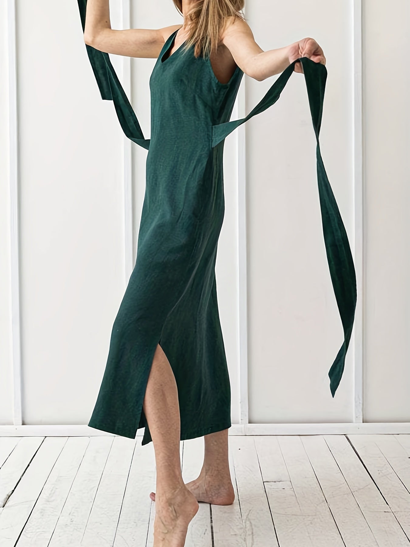 Elegant Solid color Split Hem Midi Dress, Bohemian Solid Sleeveless Split Hem Dress For Spring and Summer, Women's Clothing