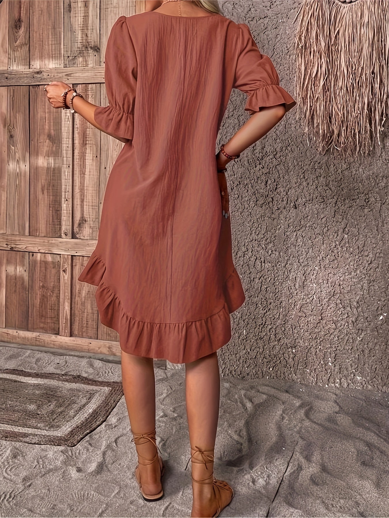 Bohemian Solid Cotton Ruffle Sleeve Dress, Elegant Solid Cotton Half Sleeve Dress For Spring, Women's Clothing