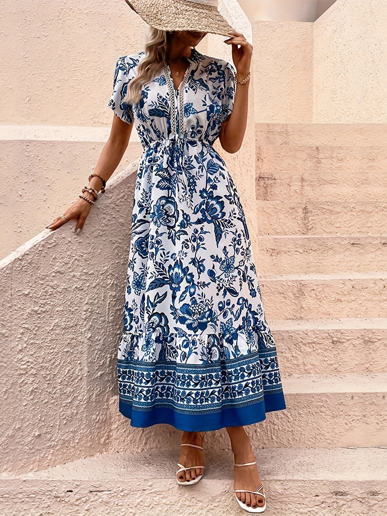 Bohmian Floral Print Tie Waist Midi Dress, Elegant Short Sleeve Dress For Spring & Summer, Women's Dress