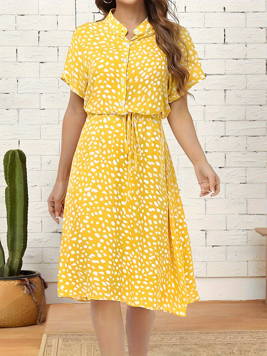Bohemian Polka Dots Print Drawstring Midi Dress, Elegant Short Sleeve Dress For Spring and Summer, Women's Dress