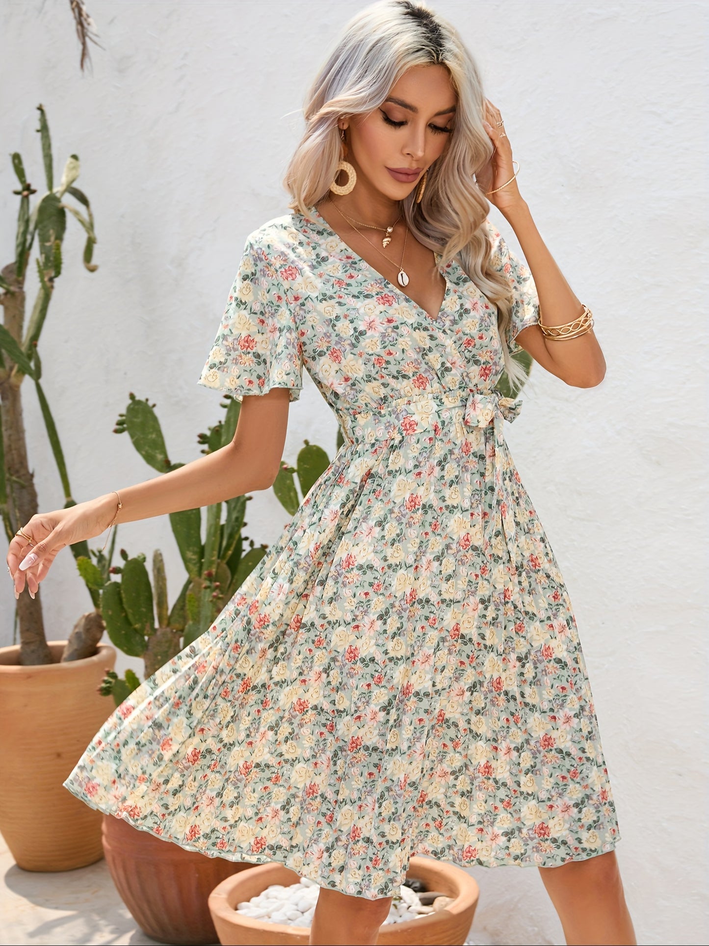 Bohemian Floral Print Belted Waist Short Sleeve Maternity Dress , Elegant Maternity Dress For Summer, Women's Maternity Dress