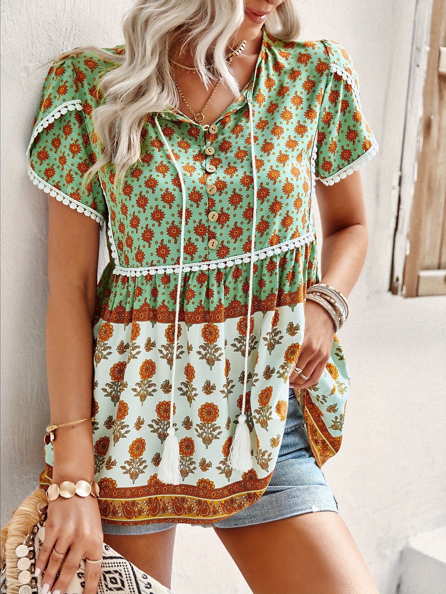 Bohemian Floral short sleeve women summer Blouse For Spring & Summer, Women's Clothing