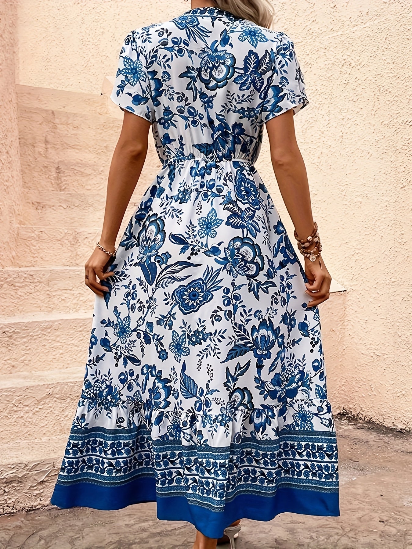 Bohmian Floral Print Tie Waist Midi Dress, Elegant Short Sleeve Dress For Spring & Summer, Women's Dress