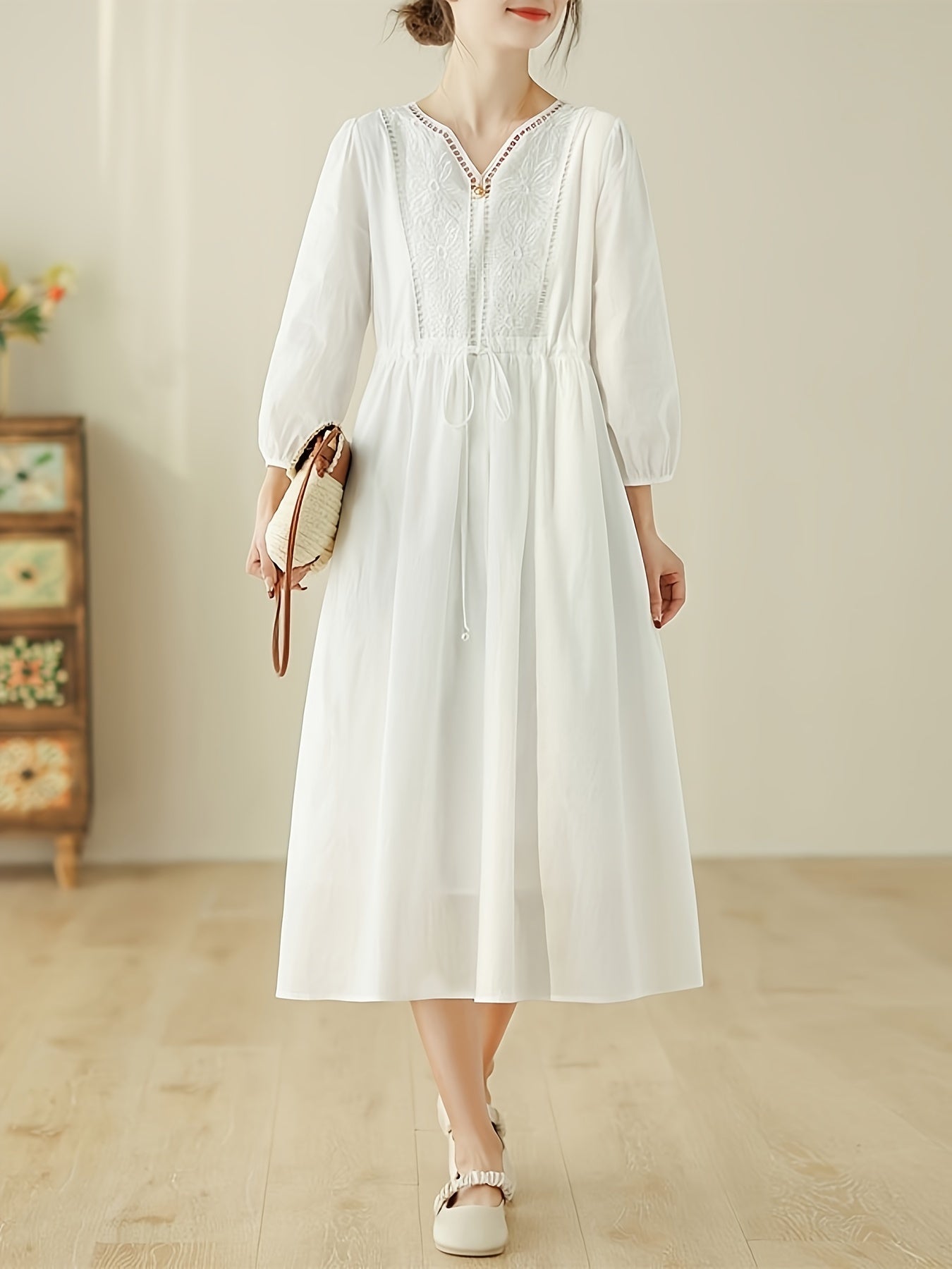 White Cotton Embroidered Drawstring Long Sleeve Dress, Elegant Cotton Dress For Spring & Fall, Women's White Cotton Dress