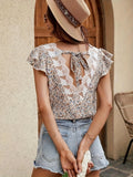 Bohemian Floral Print Lace Tie Back Blouse, Elegant Ruffle Sleeve Top For Spring & Summer, Summer Top, Summer Blouse