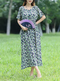 Bohemian Floral Print Drawstring Short Sleeve Loose Dress, Elegant Short Sleeve Dress For Spring & Summer, Women's Clothing