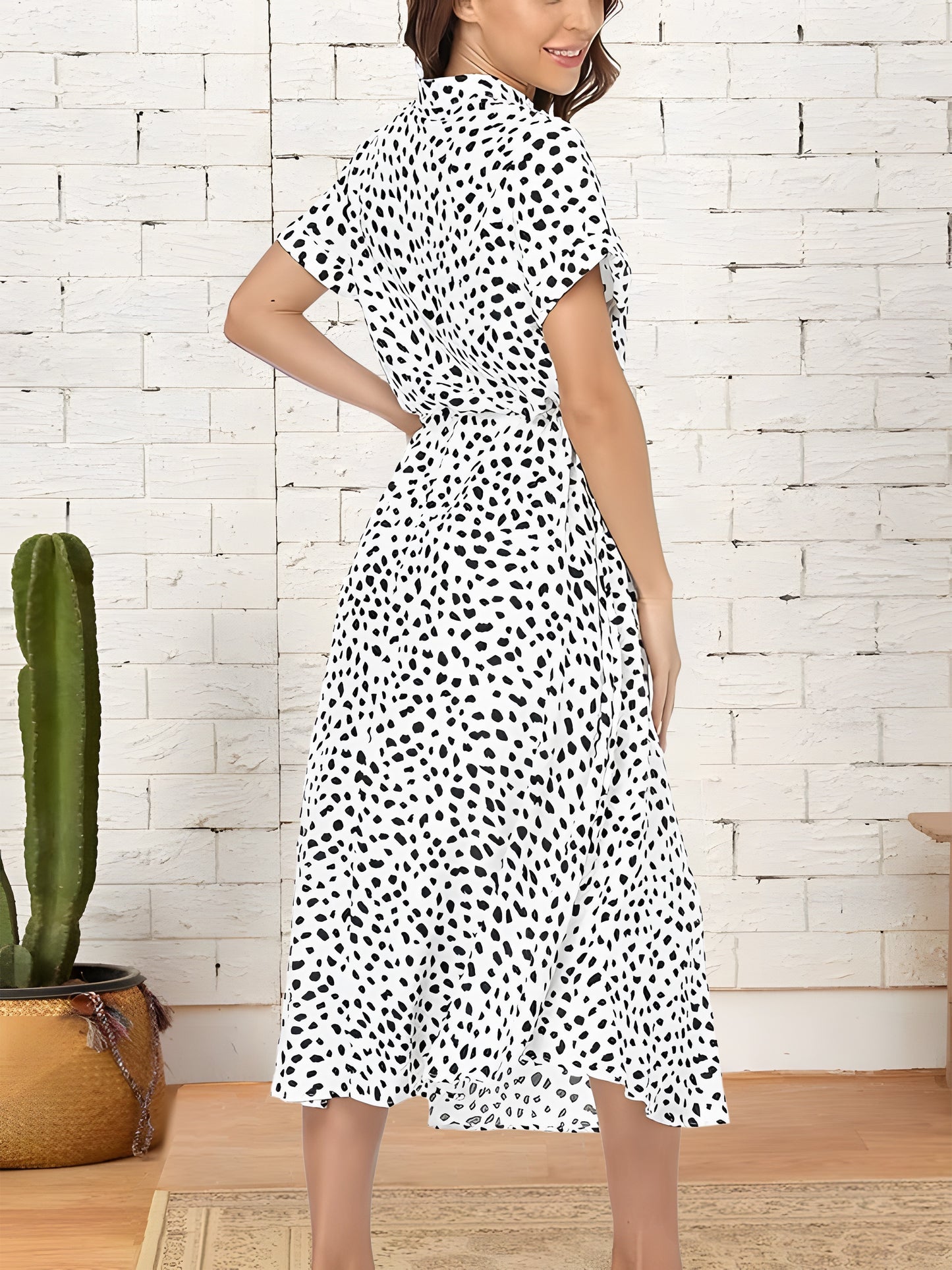 Bohemian Polka Dots Print Drawstring Midi Dress, Elegant Short Sleeve Dress For Spring and Summer, Women's Dress