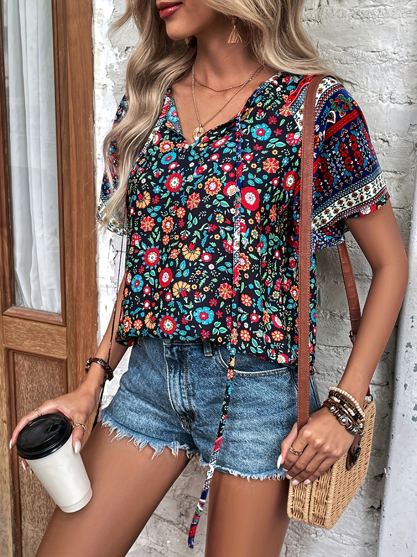 Vintage Tribal Print Tie Neck Blouse, Bohemian Short Sleeve Blouse For Spring & Summer, Women's Clothing