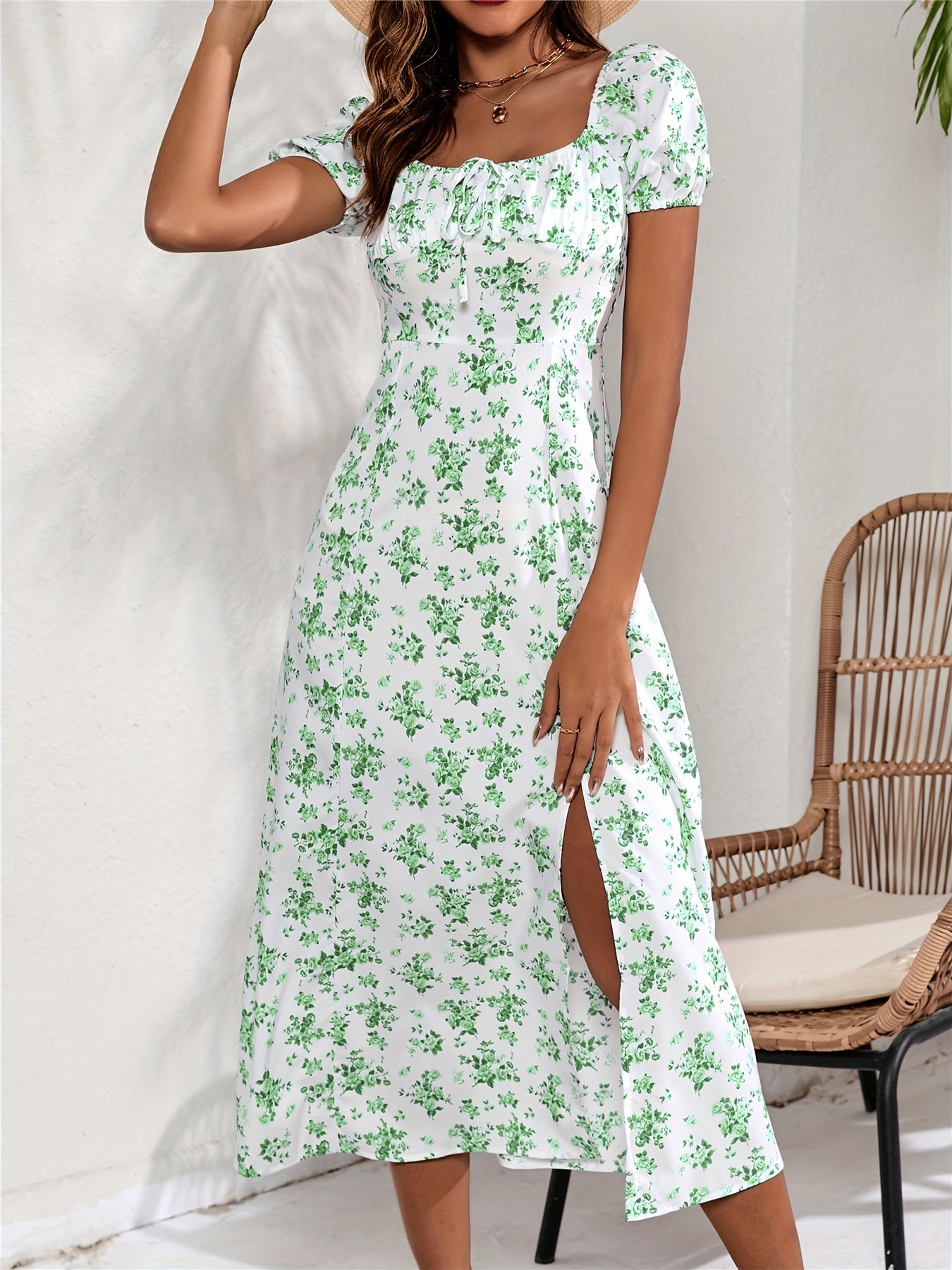 Ditsy Floral Print Side Slit Short Sleeve Dress For Spring & Summer, Women's Clothing