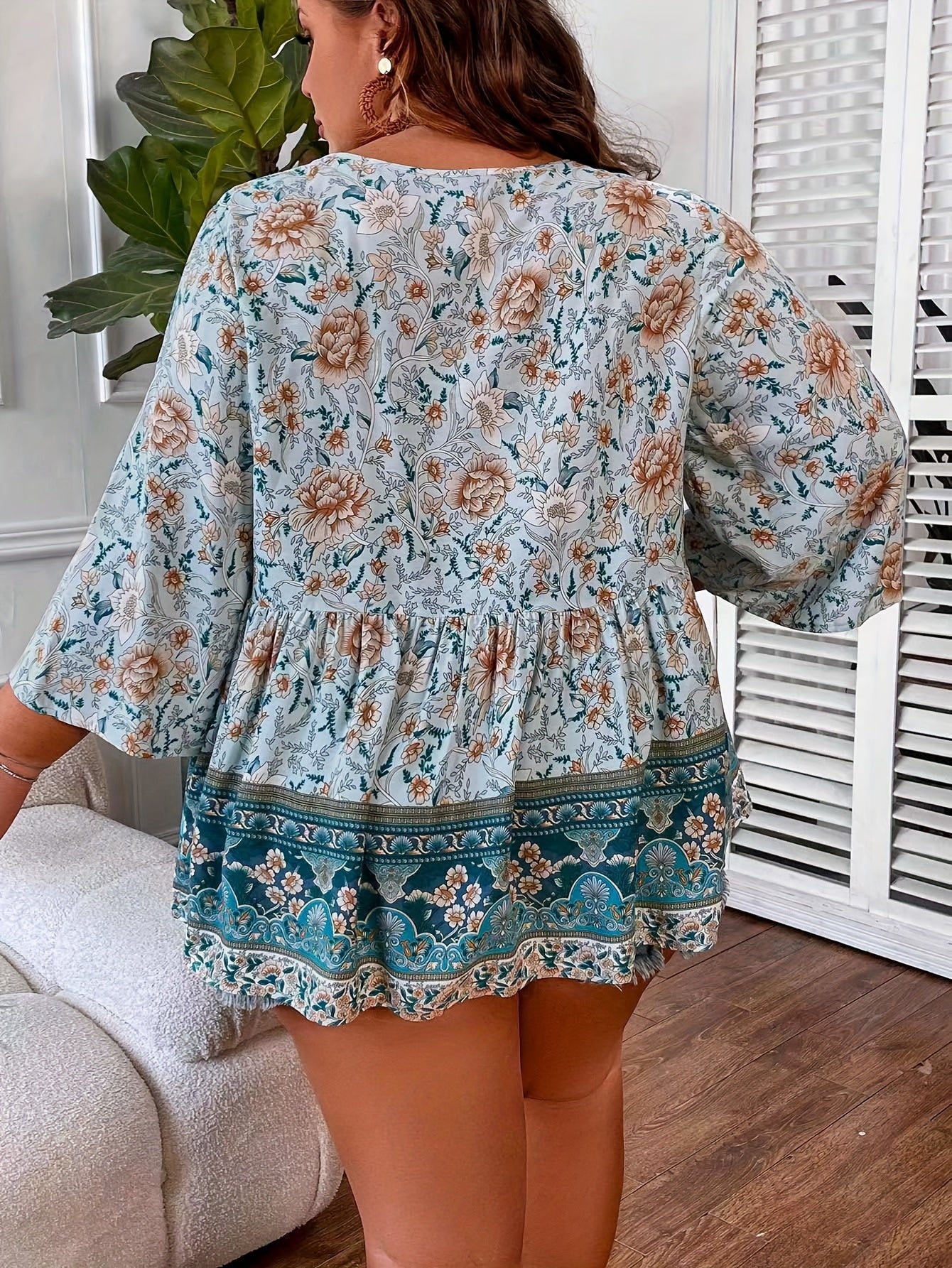 Plus Size Floral Print Tie Neck Blouse - Boho Ruched 3/4 Sleeve Blouse for Spring & Summer