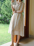 Vintage Cotton Embroidered Ruffle Neckline Midi Dress With Pocket, Elegant V Neck Short Sleeve Dress With Pocket For Spring and Summer, Women's Bohemian Dress, Elegant Midi Dress