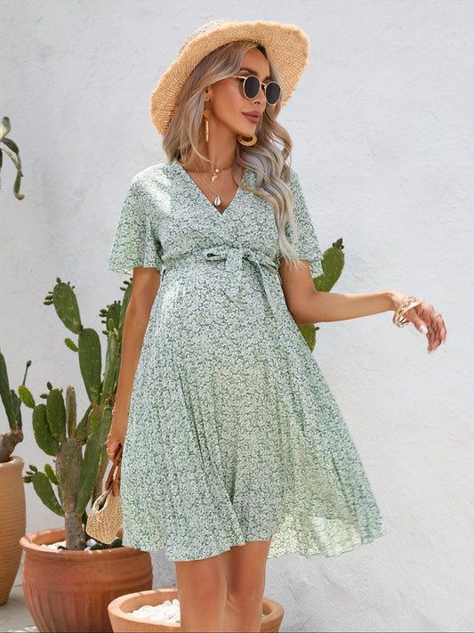 Bohemian Floral Print Belted Waist Short Sleeve Maternity Dress , Elegant Maternity Dress For Summer, Women's Maternity Dress