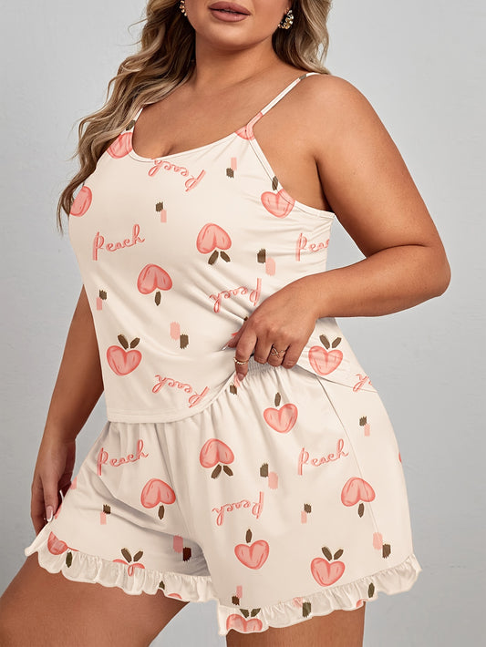 Women's Plus Cute Pajamas Set, Plus Size Peach Print Round Neck Cami Top & Ruffled Shorts Lounge 2 Piece Set