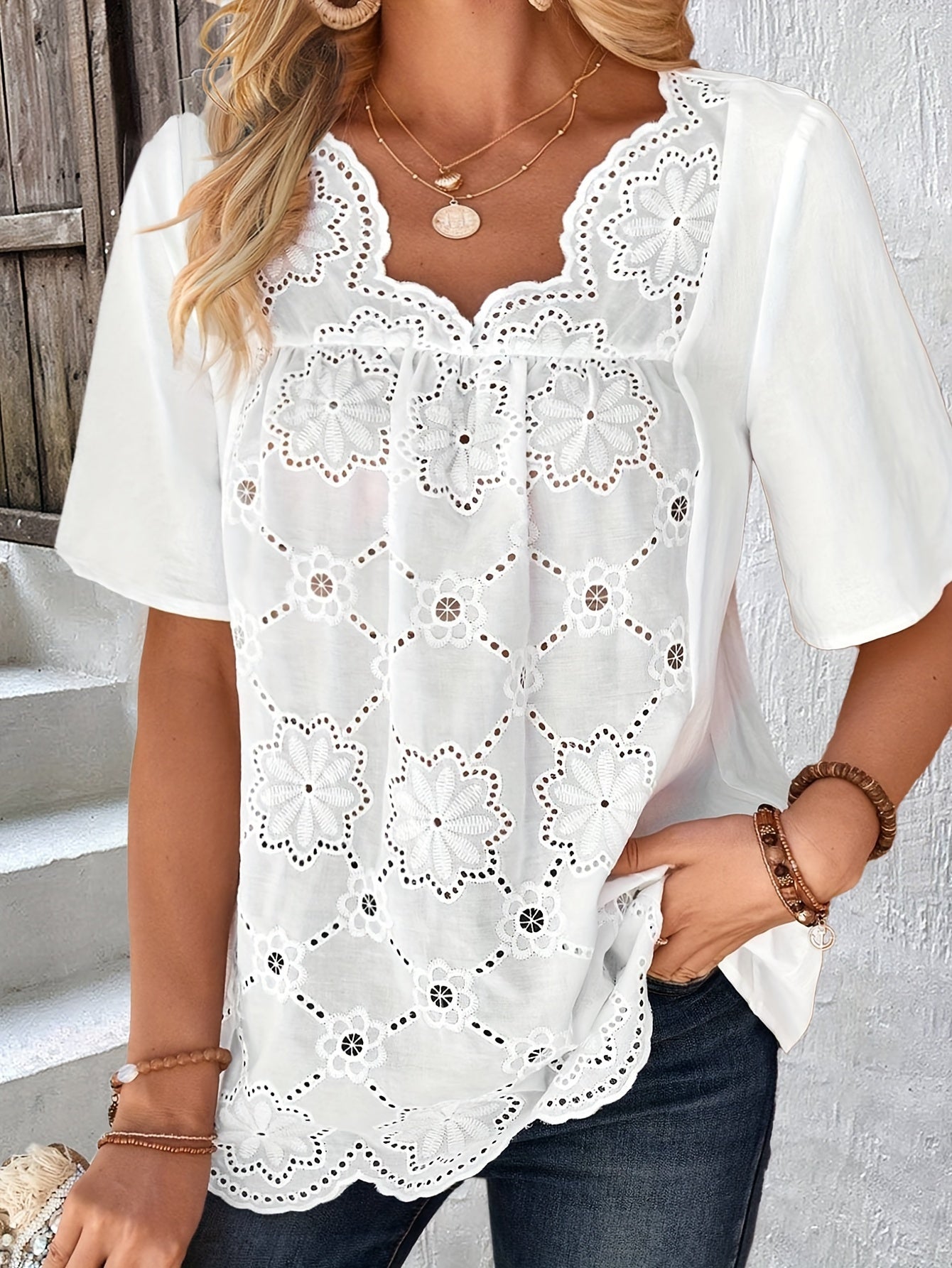 Lace Elegant Short Sleeve Top For Spring & Summer, Women's Clothing