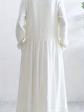 White Linen Long Sleeve Loose Dress With Pocket, Vintage Linen Long Sleeve Loose Dress With Pocket For Spring & Fall, Women's Linen Dress