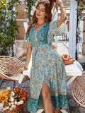 Bohemian Floral Buttoned Drawstring Midi Dress - Bohemian Midi Dress For Summer, Women's Dress