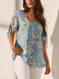 Elegant Blue Floral Print Short Sleeve Blouse For Spring & Summer, Women's Blouse