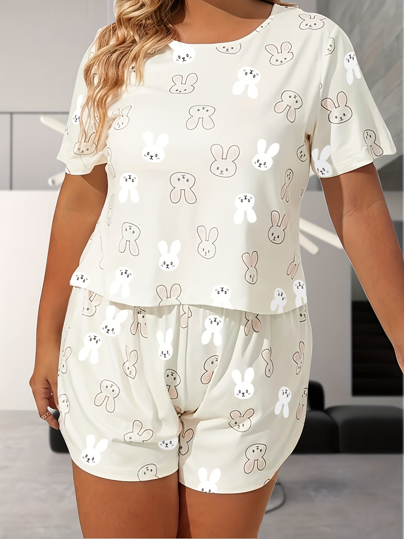 Plus Size Hello Bunny Pajama Set, Women's Plus Cute Rabbit Print Short Sleeve Round Neck Tee & Shorts Lounge Two Piece Set