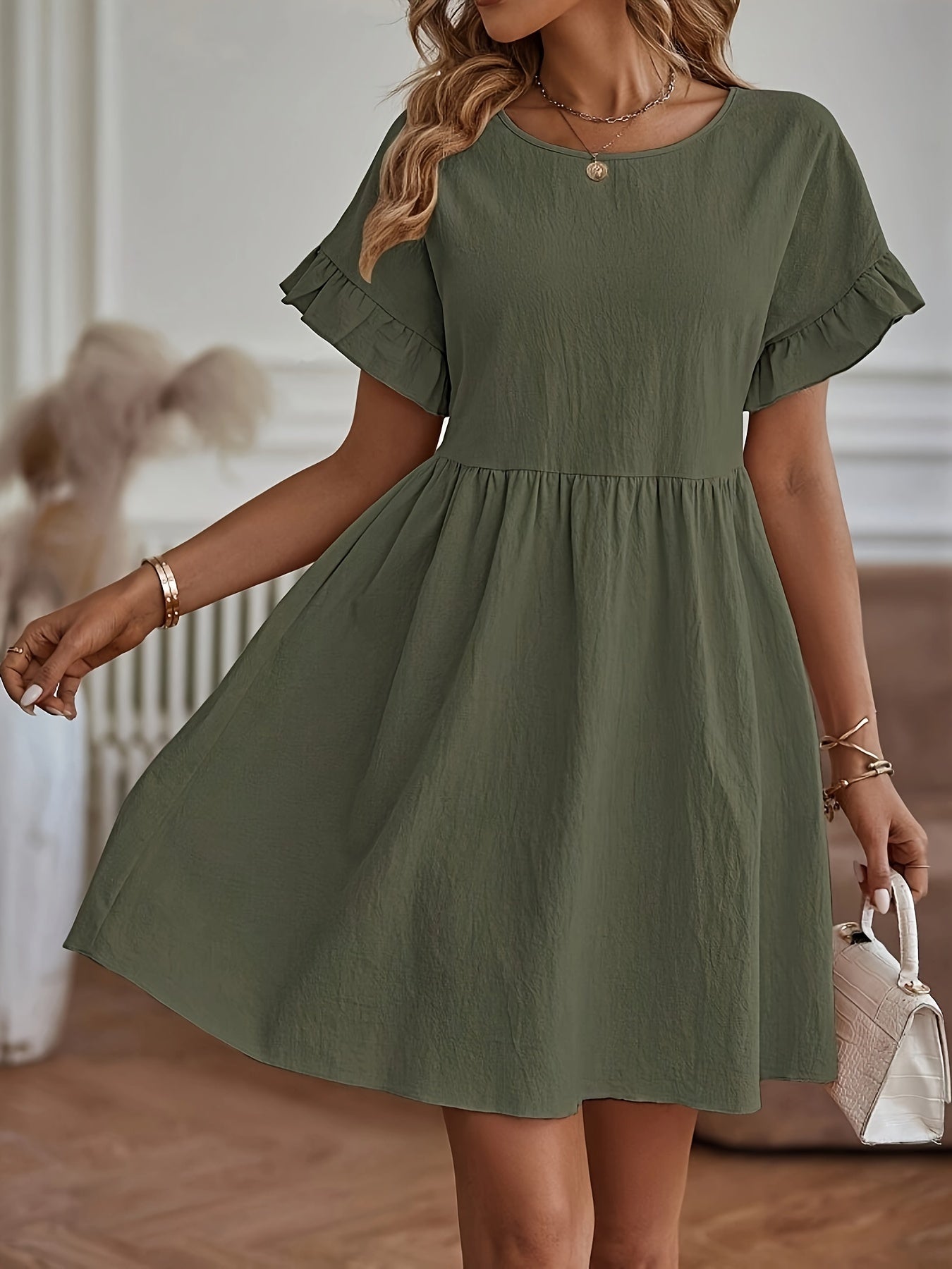 Elegant Solid Short Sleeve Mini Dress, Bohemian Cotton Mini Dress For Spring & Summer, Women's Clothing