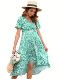 Bohemian Floral Ptint Short Sleeve Maternity Dress With Bow Tie For Summer, Elegant Floral Print Bow Tie Maternity Dress For Spring and Summer, Women's Maternity Dress
