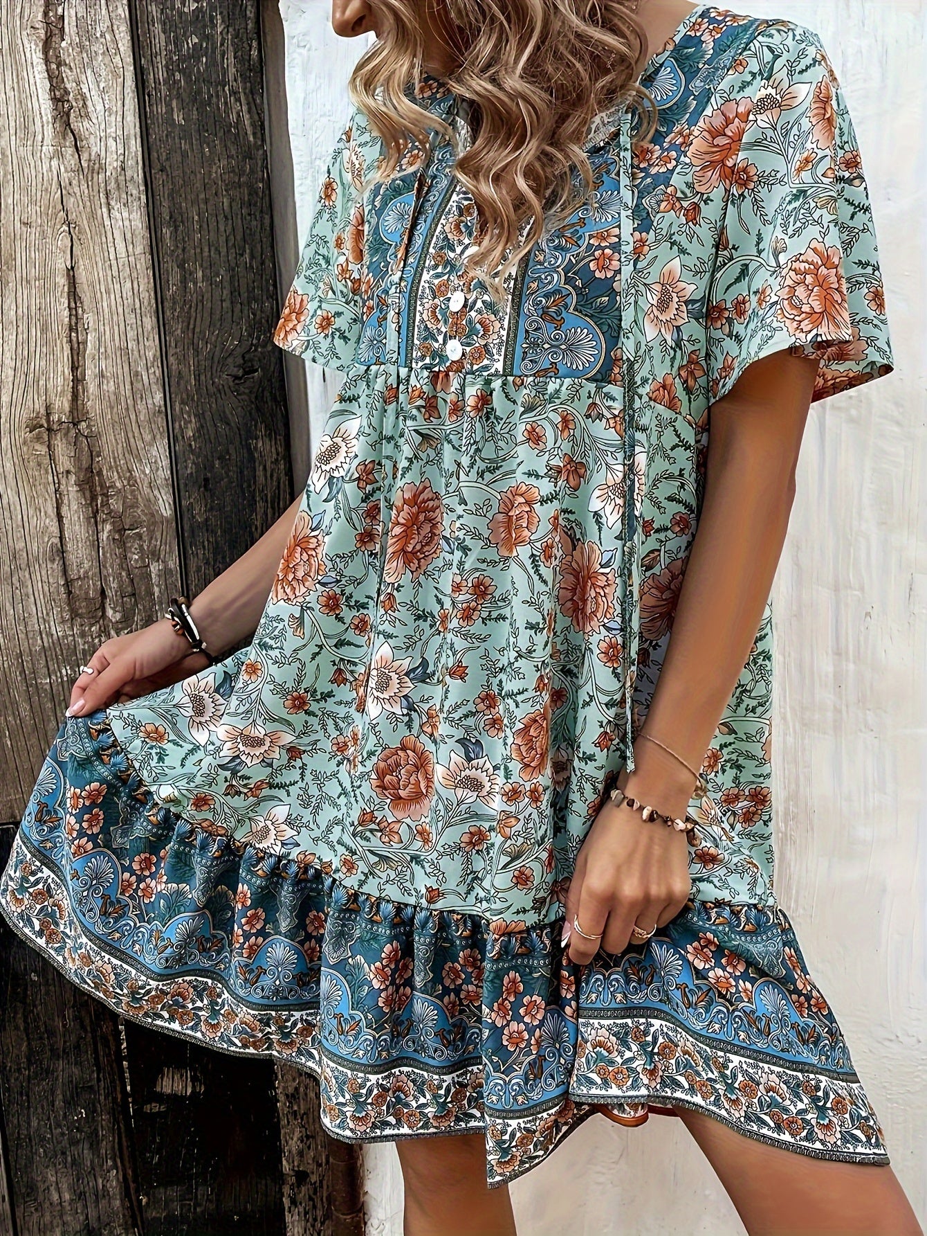 Paris Floral Print Bohemian Dress, Casual Summer Dress, Short Sleeve Dress For Spring & Summer, Women's Clothing