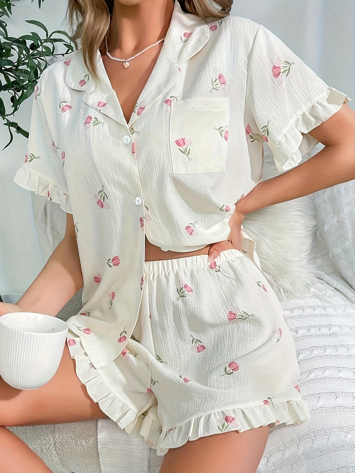 Summer Floral Print Pajama Set - Soft Fabric with Ruffle Hem, Short Sleeve Button-Down Lapel Top & Stretchy Elastic Shorts