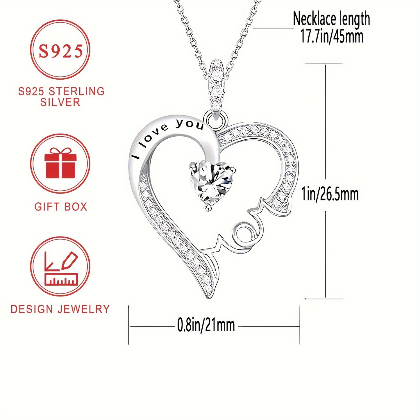 925 Sterling Silver MOM Pendant Necklace, I Love You Mom  Dainty Heart-Shaped Shiny Necklace For Mom, Mother Mother's Day Gift , Mother's Day Gift Necklace