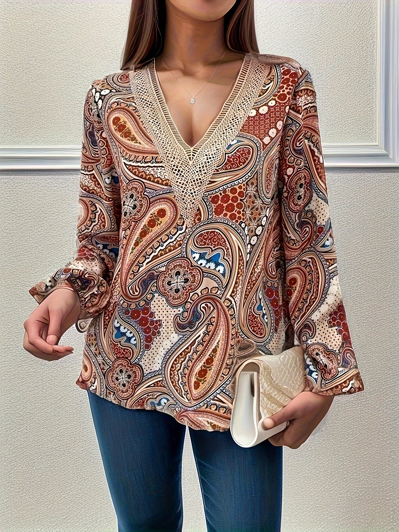Paisley Print Long Sleeve Blouse For Spring and Summer, Women's Spring&Summer Blouse
