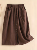 Vintage Button Cotton Midi Pocket Skirt, Linen Skirt For Spring & Fall, Women's Cotton Skirt, Linen Skirt