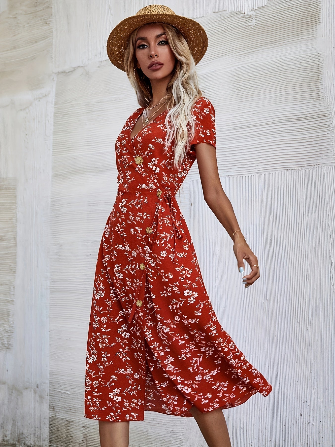 Bohemian Floral Print V Neck Dress For Spring & Summer, Women's Clothing