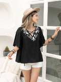 Elegant Black Embroidered Floral Short Sleeve Blouse, Casual Cross Front Short Sleeve Top For Spring & Summer, Women's Embroidered Blouse