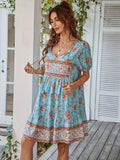 Blue Floral Tie Neck Bohemian Mini Dress - Bohemian Midi Dress Midi Dress - Party Dresses - Summer Dress - Boho Dresses for Women