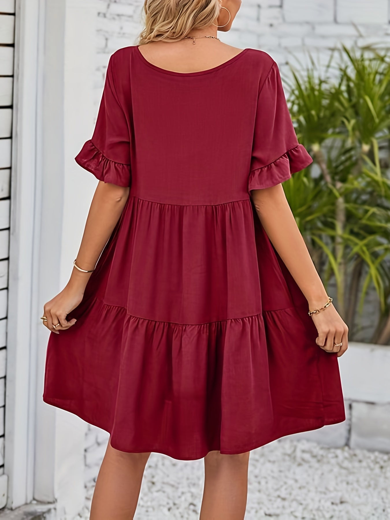 Bohemian Solid Mini Dress, Bohemian Short Ruffle Sleeve Mini Dress, Women's Dress