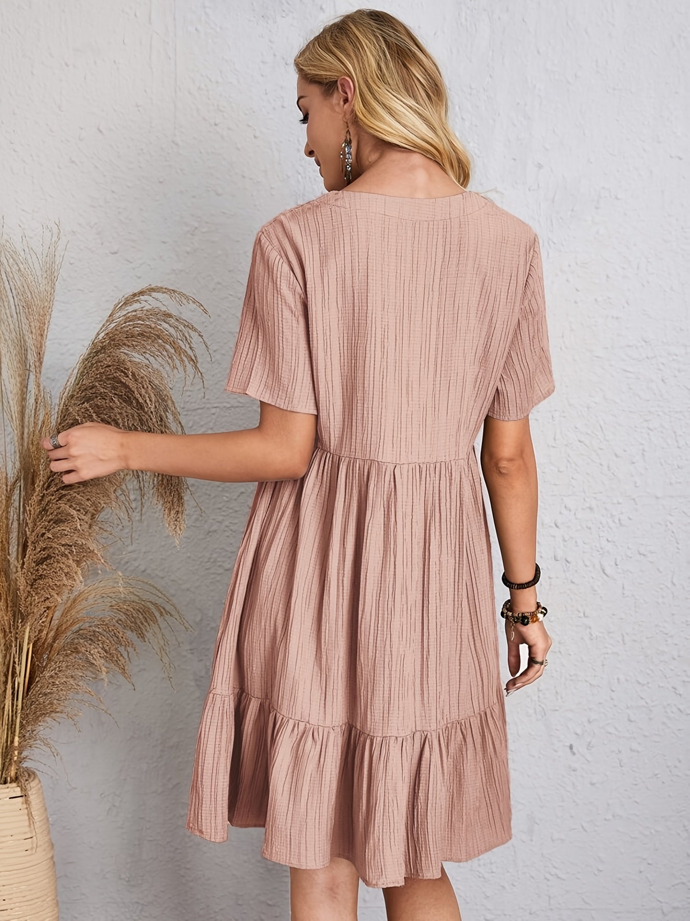 Bohemian Solid Ruched  Mini Dress, Elegant Short Sleeve Summer Dress, Boho Summer Dress