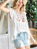 Vintage Embroidered Floral Short Sleeve, Bohemian Ruffle Trim Blouse For Spring & Summer, Women's Boho Tops