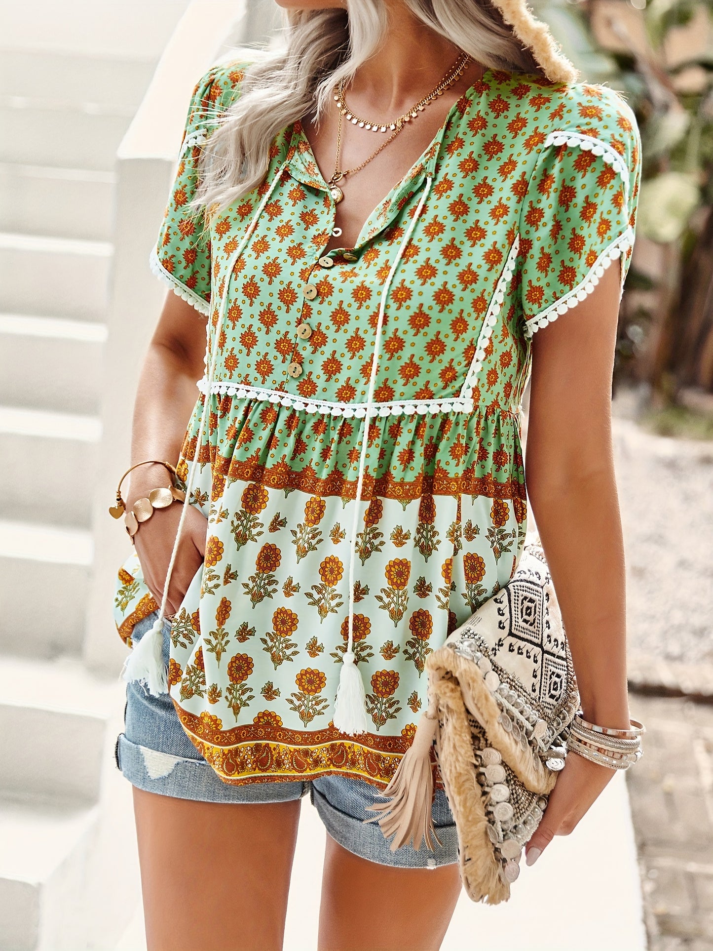 Bohemian Floral short sleeve women summer Blouse For Spring & Summer, Women's Clothing