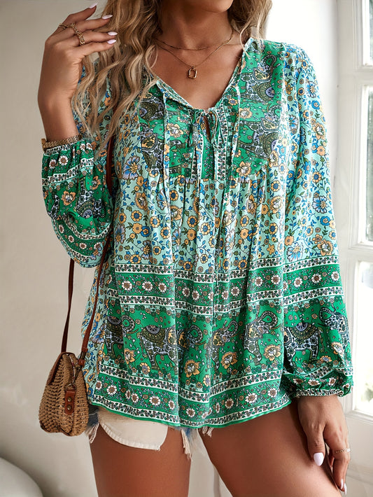 Bohemian Plus Size Floral Print Tie Neck Blouse - Vacation Style Long Sleeve Blouse for Spring & Fall