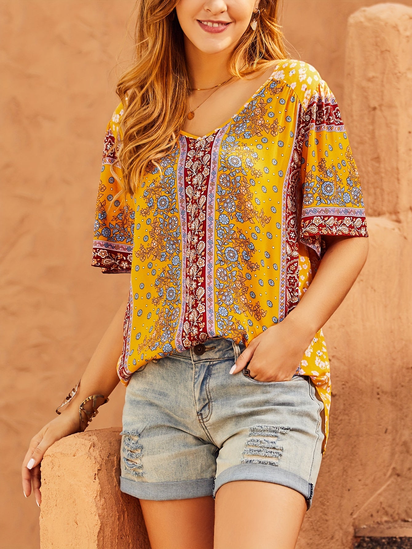 Bohemian Tribal Floral Print Tie Back Short Sleeve Blouse For Spring and Summer, Women's Blouse, Vintage Top