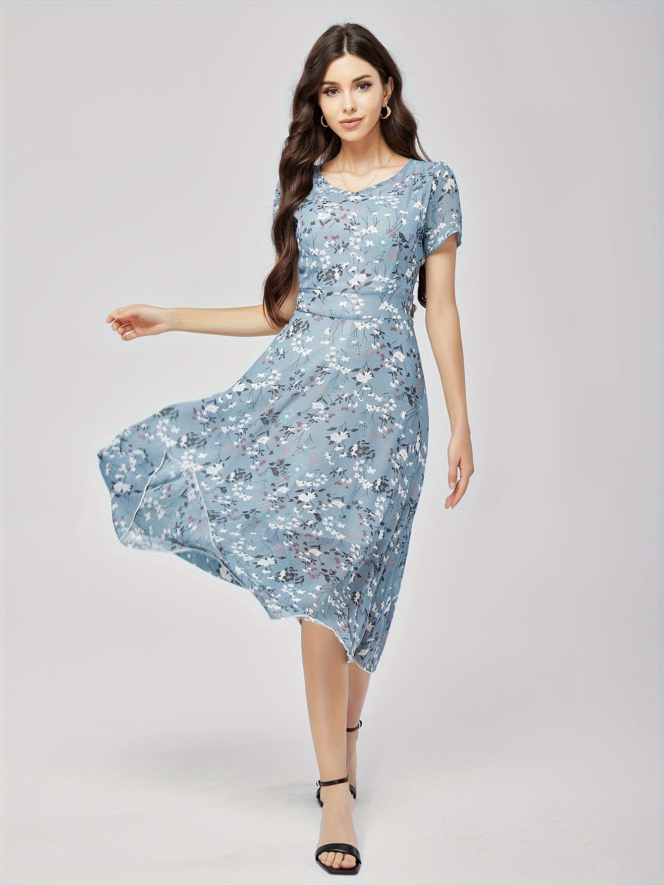 Bohemian Floral Print MIdi Dress, Elegant Short Sleeve Dress For Spring and Summer, Cocktail Party Dress