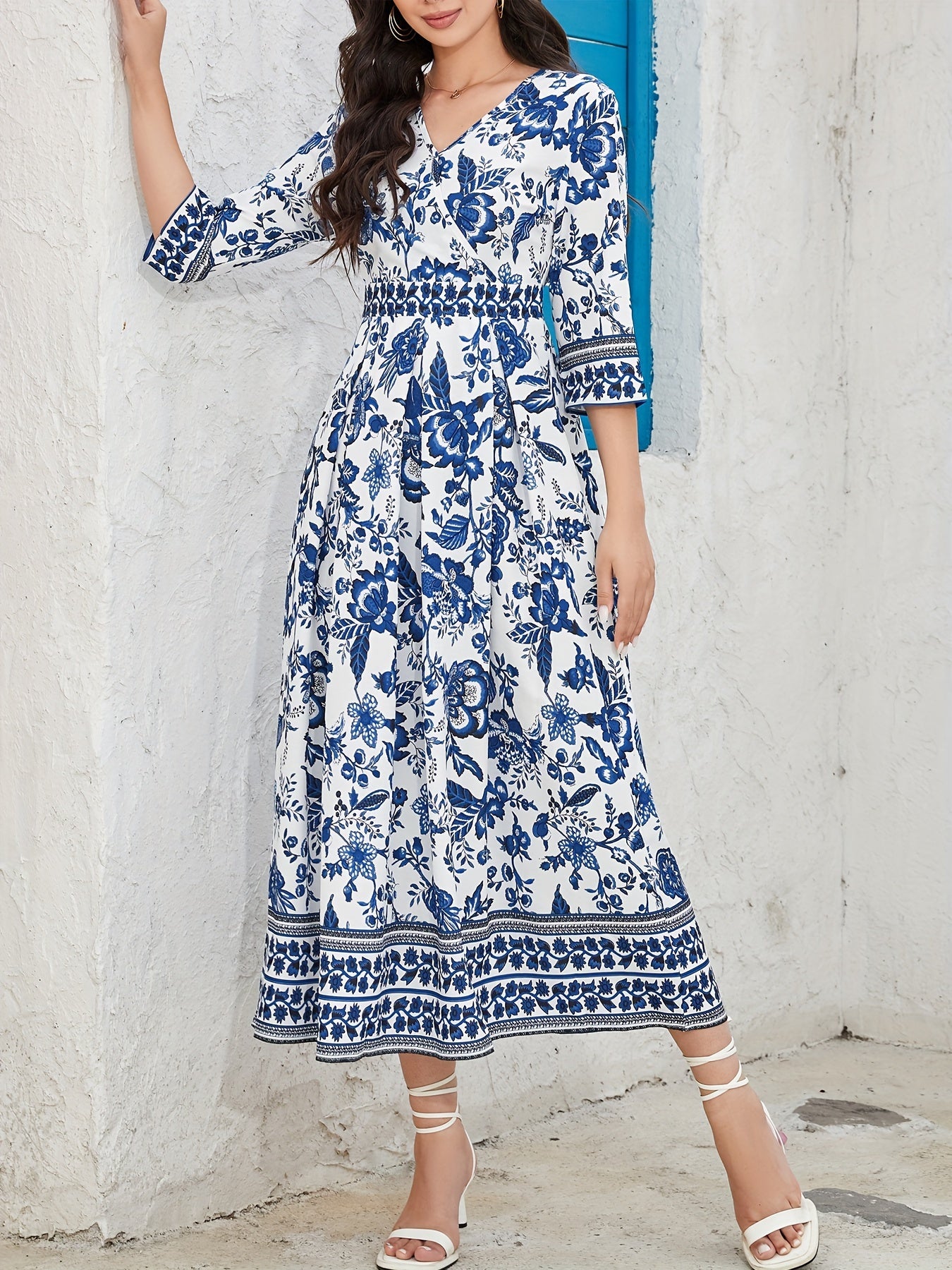 Bohemian Floral Print Short Sleeve Dress, Elegant V Neck A-line Dress For Spring & Fall, Women's Dress