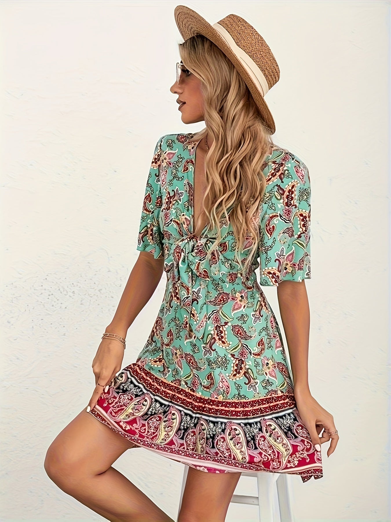 Bohemian Paisley Print Tie-Front Mini Dress - Highwaist Mini Dress - Summer Mini Dress - Beach Dress