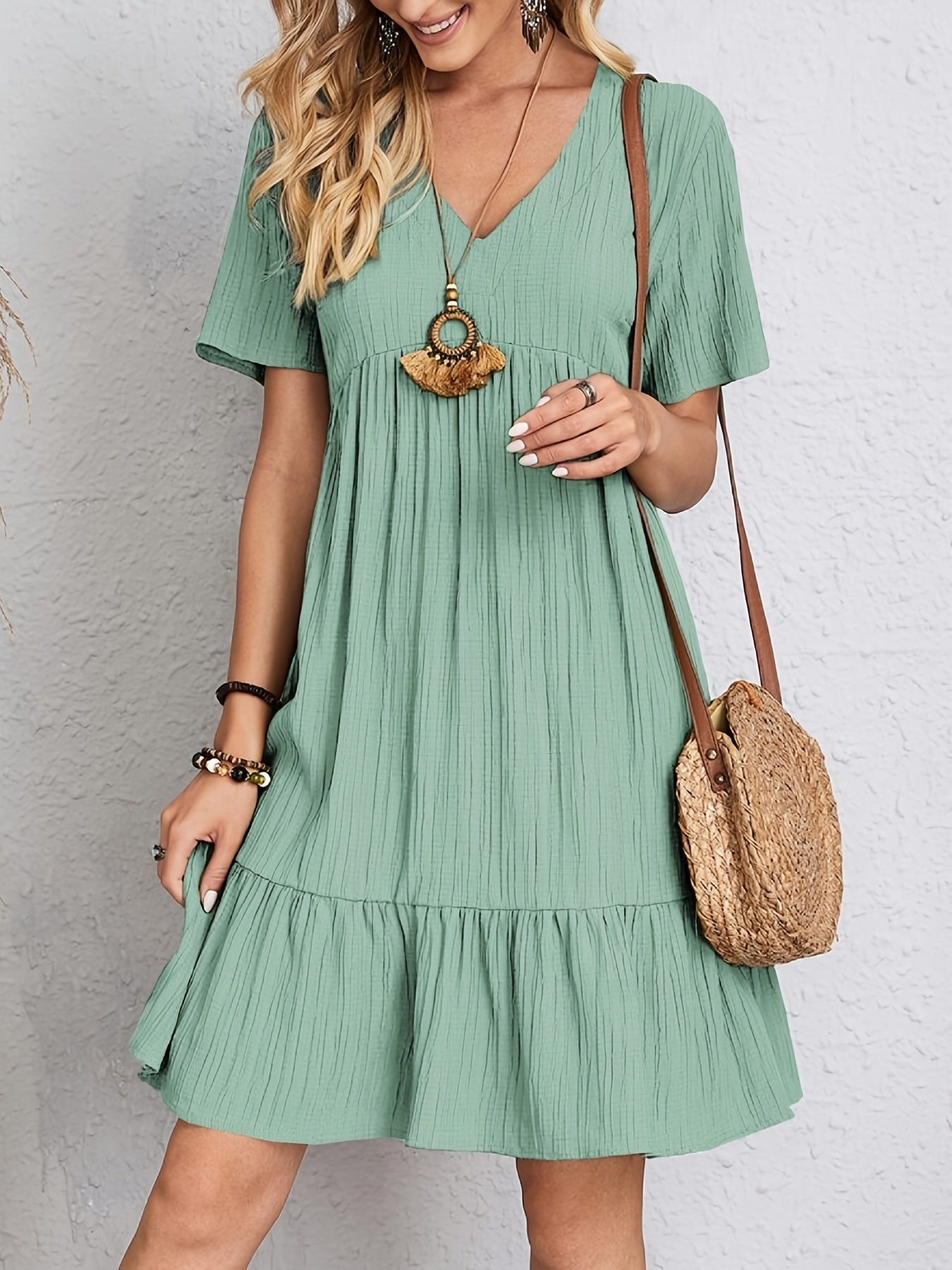 Bohemian Solid Ruched  Mini Dress, Elegant Short Sleeve Summer Dress, Boho Summer Dress
