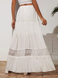 Bohemian White Embroidered High Waist Maxi Skirt, Elegant White Cut Out Loose Pleated Skirt For Spring & Fall, Women's Skirt