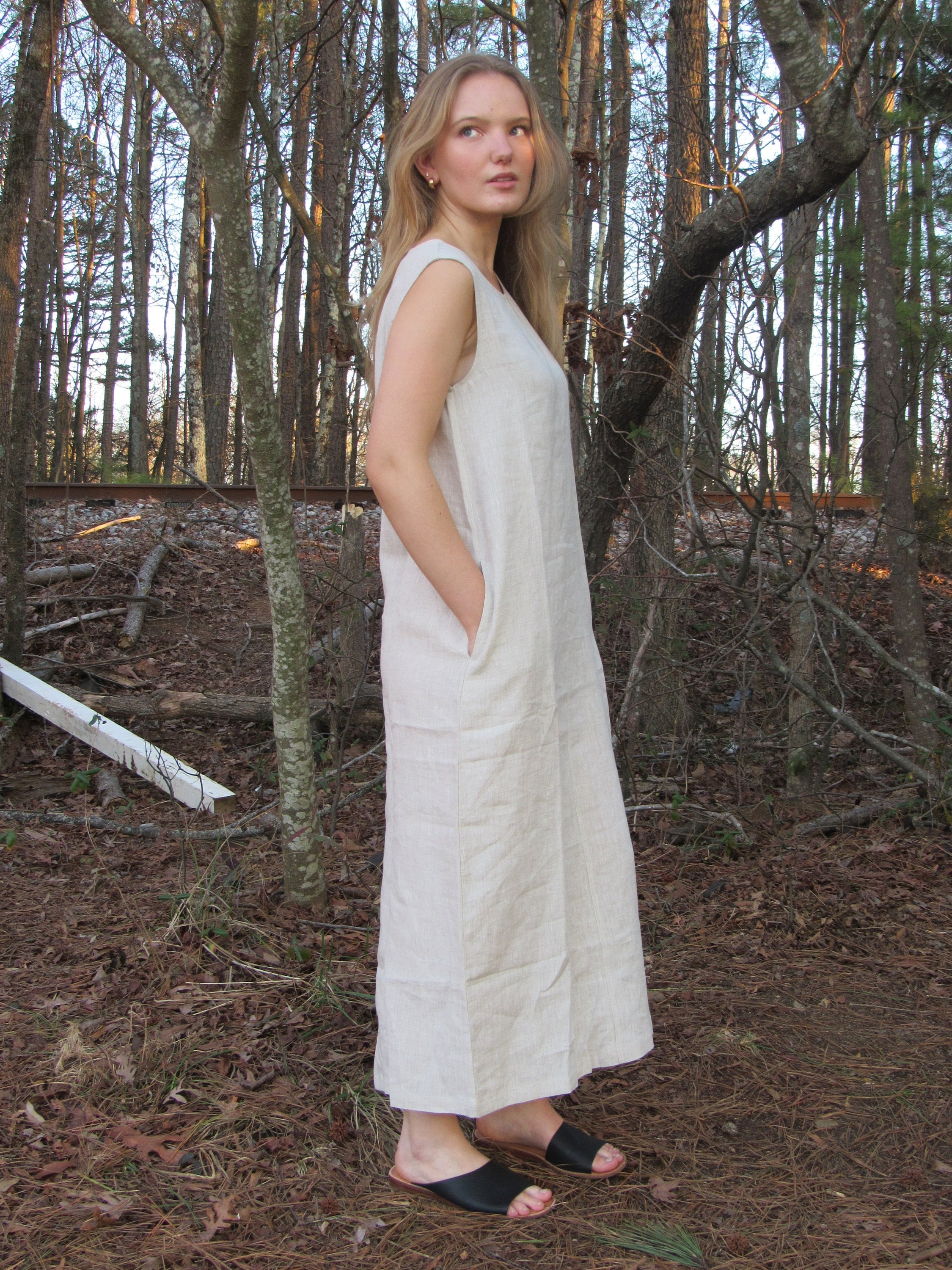 Bohemian Linen Dress with pocket, Linen dress with side slit, Spring Summer beach Boho Dress