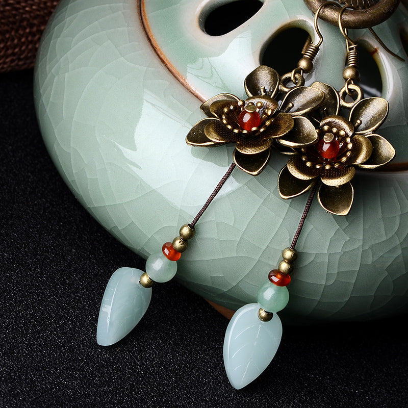 Antique Floral Drop Earrings with Agate Aventurine Stone