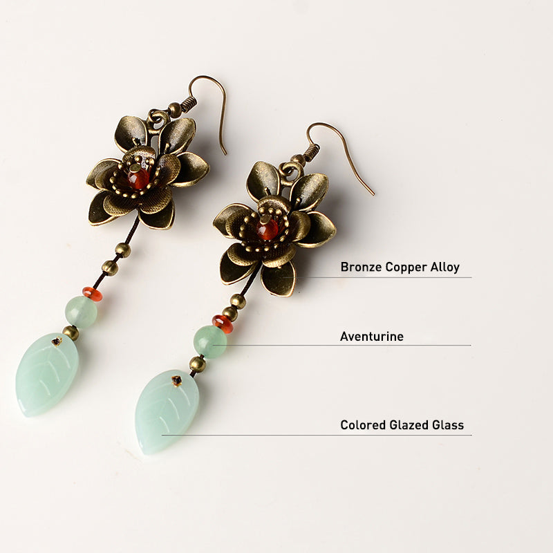 Antique Floral Drop Earrings with Agate Aventurine Stone