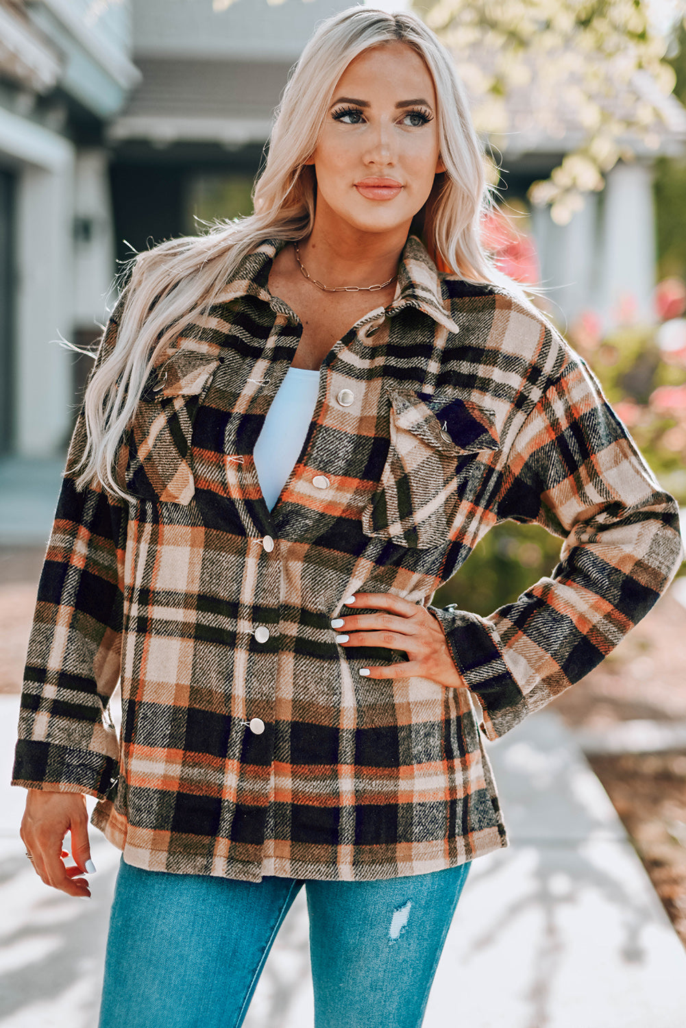 Fall Plaid Button Front Shirt Jacket with Breast Pockets