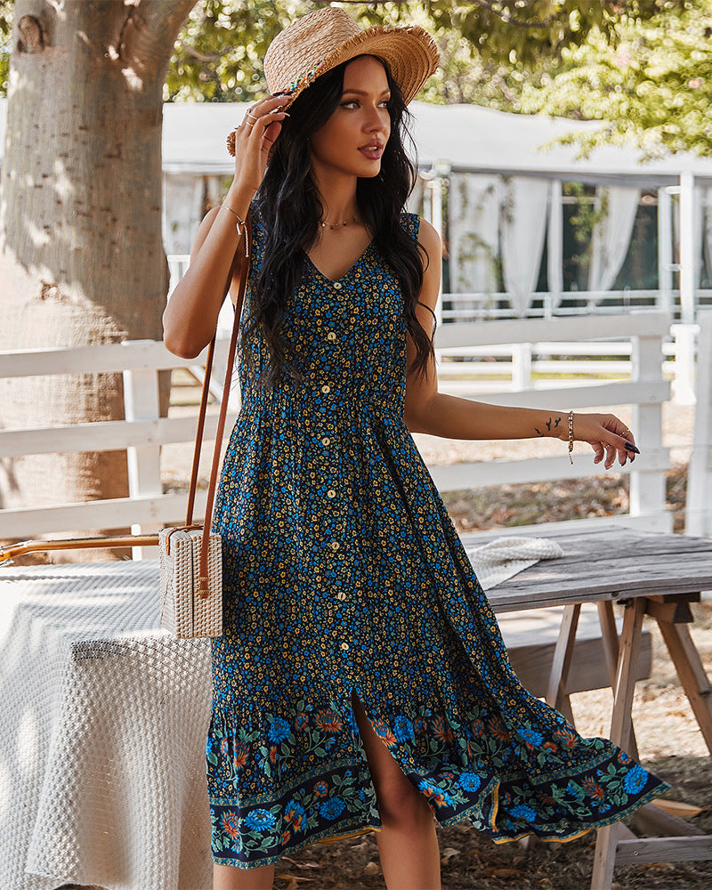 Bohemian Blue Floral Print Dress, Spring Summer Beach Dress