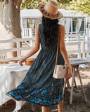 Bohemian Blue Floral Print Dress, Spring Summer Beach Dress